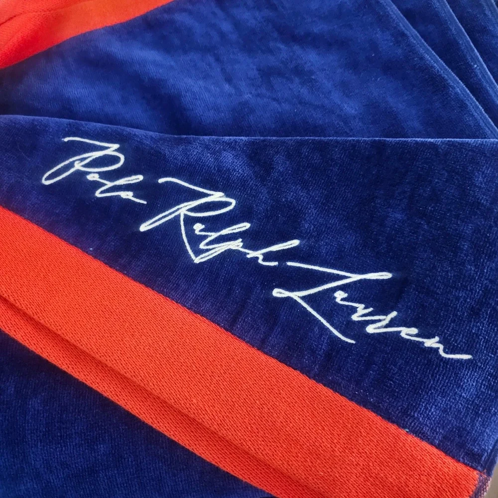 Polo Ralph Lauren Big Pony Navy Blue Turquoise Orange Cotton Velour Beach Towel